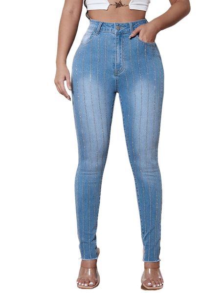 

sxy high stretch beaded skinny jeans q2lw#, Blue