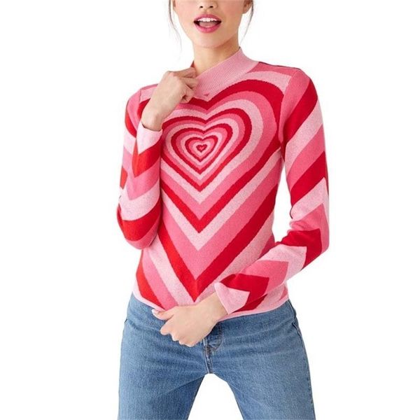 

spring women patchwork pink heart sweet sweater ladies half high neck slim sweater long sleeve pink love knitted pullovers 201224, White;black