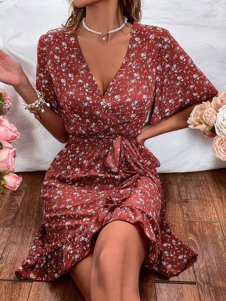 

ditsy floral print butterfly sleeve ruffle wrap hem belted dress v2g8#, Black;gray