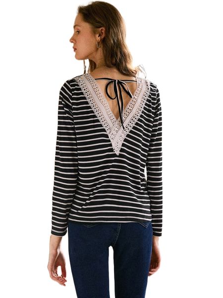

frenchy contrast guipure lace tie back striped tee b8ua#, White