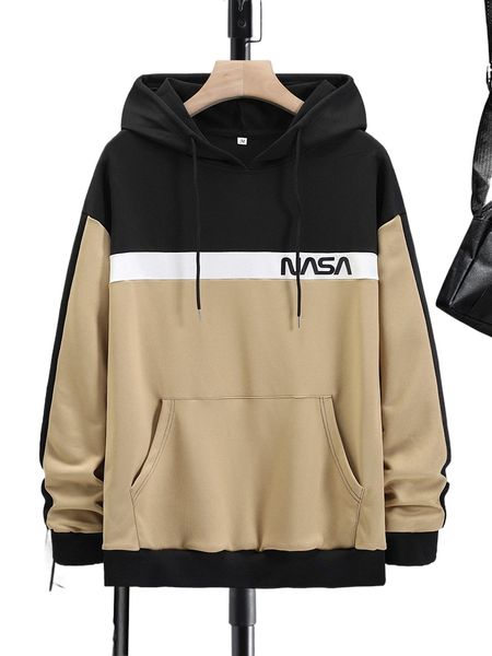 

men letter graphic kangaroo pocket drawstring hoodie o1qy#, Black
