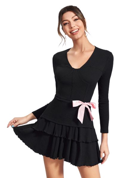 

x trang duong tie side layered hem dress s7xu#, Black;gray