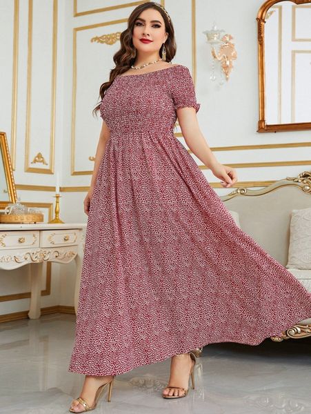 

plus allover print boat neck frill cuff maxi dress a4tb#, Black