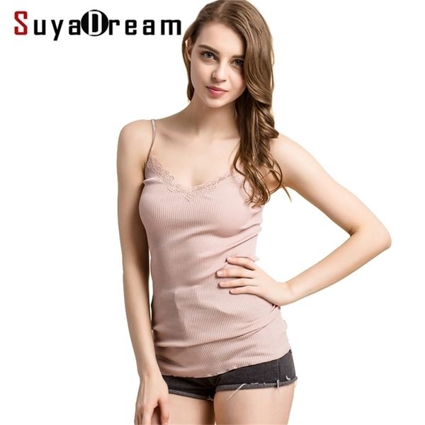 SuyaDream Canotta da donna in pizzo 70% vera seta 30% cotone Canottiere Maglia in spandex Camicia basic morbida Gilet Colori solidi 220325