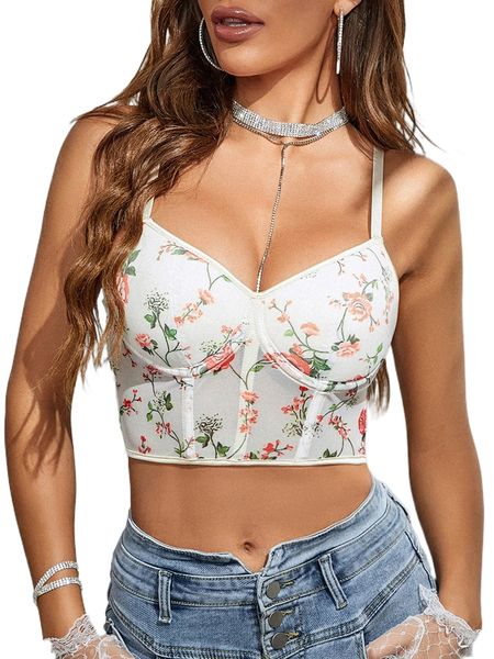 

apperloth a floral print bustier grommet lace up crop cami 77zq#, White