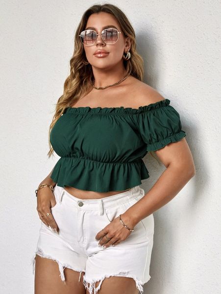 

plus off shoulder puff sleeve ruffle hem blouse y8pr#, Black