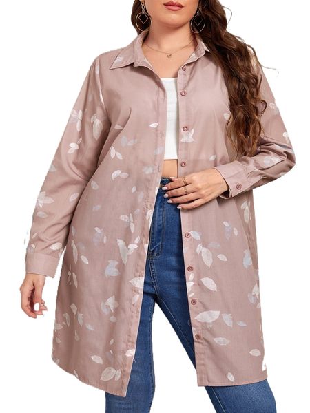 

x ashuriicouture plus slogan & leaves print button front shirt v9r8#, Black