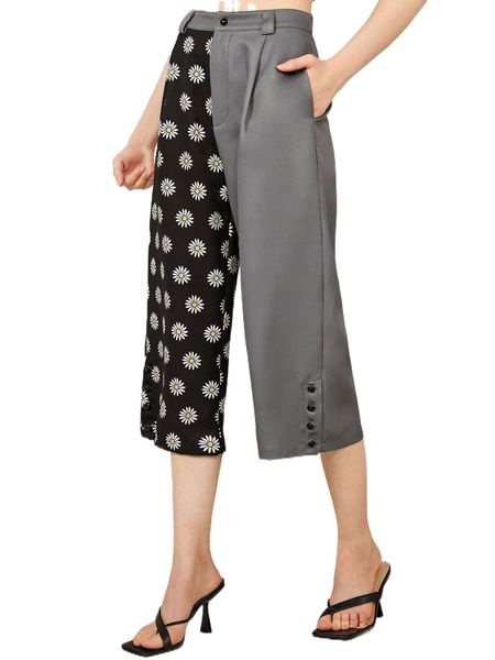 

x sabrine floral print button hem capri pants q7mg#, Black;white