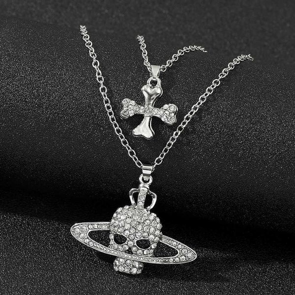 

fashion rhinestone skull cross saturn silver color metal necklace retro punk women mens party pendant jewelry accessories
