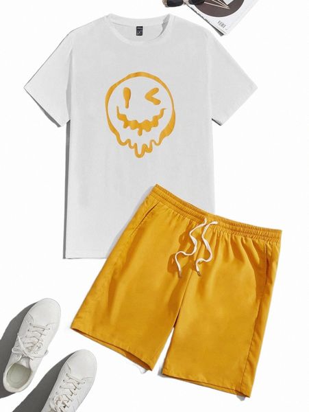 

men cartoon graphic tee & drawstring waist shorts set i2cy#, Gray