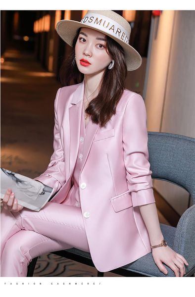 T043 Fashion New Ladies Business Ternos de Cor Sólida Colete / Feminino Rosa Commuter Blazers Jaqueta Calça Conjunto Colete