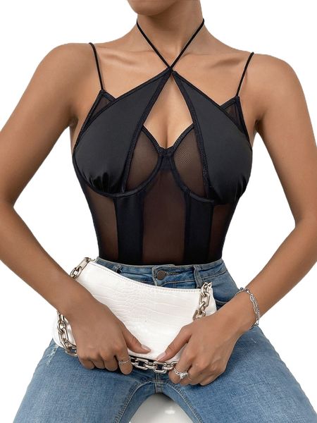 

tie back halter mesh bodysuit 44id#, White