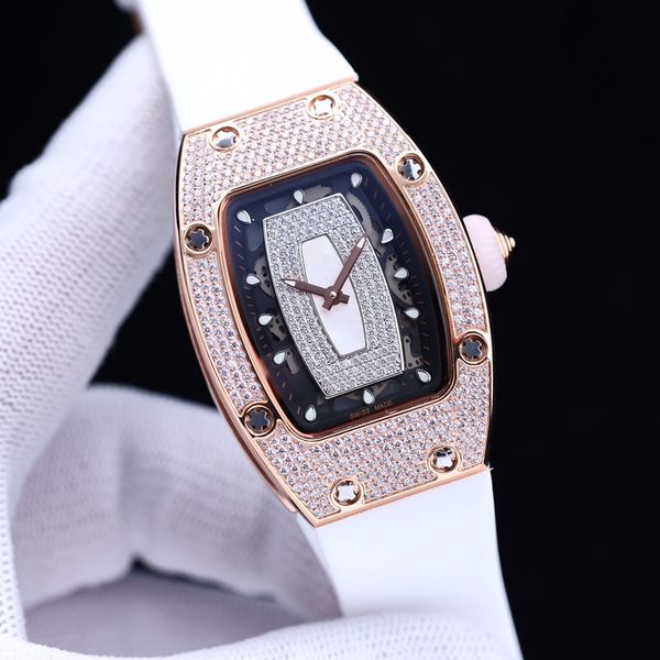 Relógio feminino da moda 31 mm espelho de safira movimento mecânico automático diamante clássico barril de vinho relógio de luxo com pulseira de borracha personalidade atlética