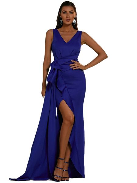 

missord ruffle trim wrap hem satin maxi formal dress x25v#, Black;gray