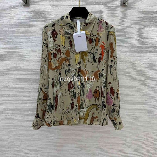 

women's blouses & shirts early spring silk blend fabric feel breathable and comfortable hand-painted graffiti figure horse print shirt, White