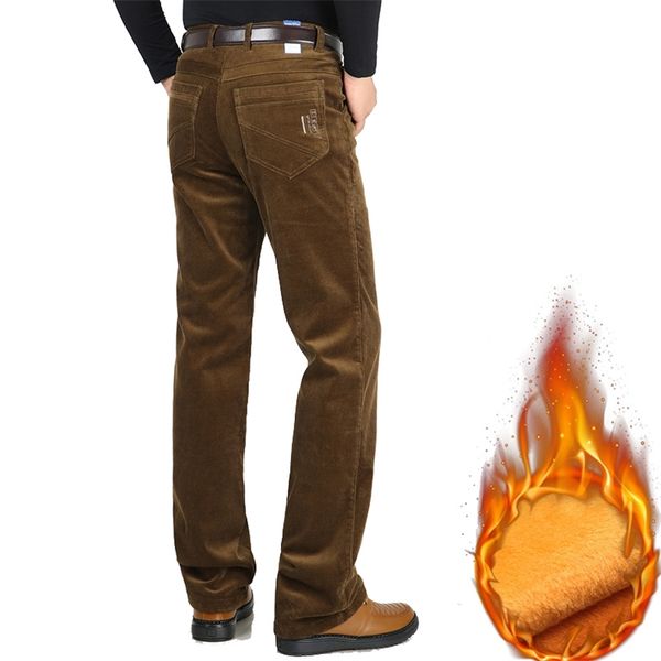 

winter men casual sweat pants brand velvet thicken corduroy pants fleece stretch slacks high waist loose warm men's trousers 201203, Black