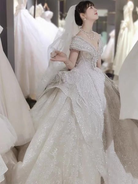 2022 nuovo lussuoso abito da ballo abiti da sposa perle spalle scoperte vestido de noiva sweep treno abiti da sposa principessa plus size