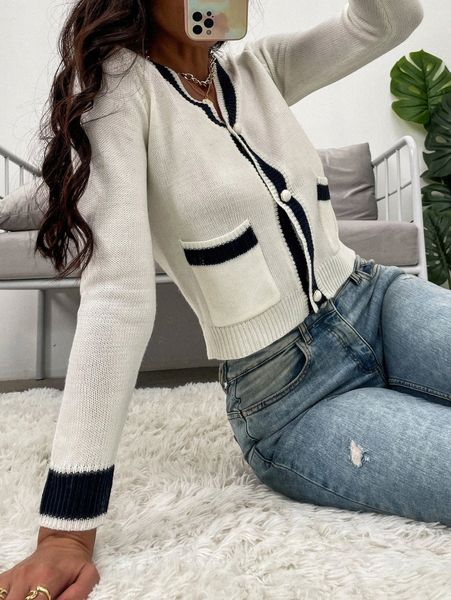 

contrast trim patched pocket cardigan h1wk#, White;black