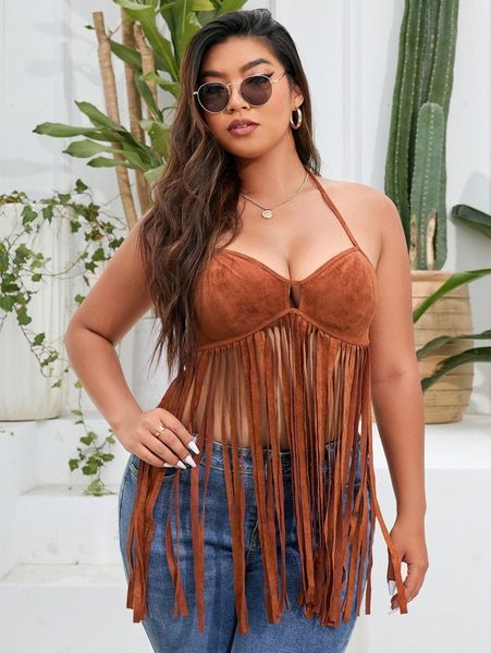 

plus fringe hem tie backless halter a59s#, Black