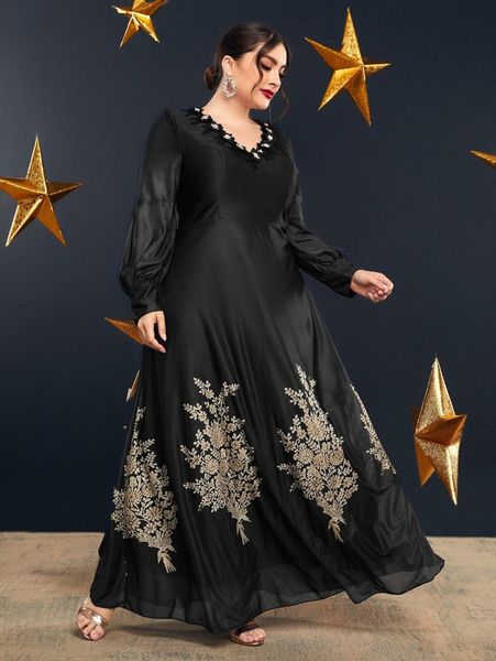 

plus floral print appliques maxi dress 29fk#, Black