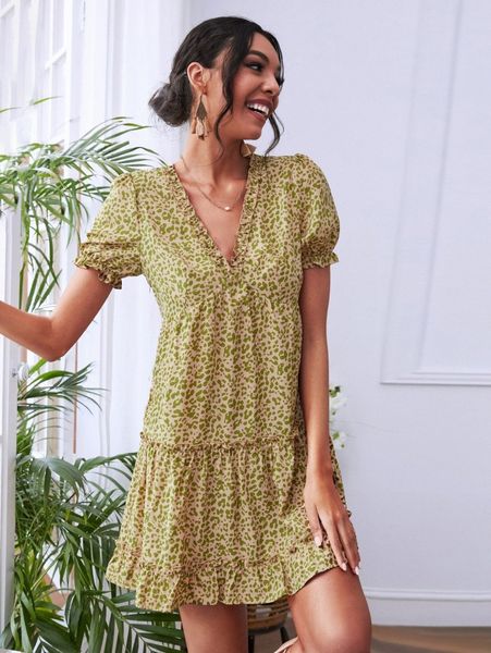 

allover print frill trim ruffle hem smock dress n6hn#, Black;gray