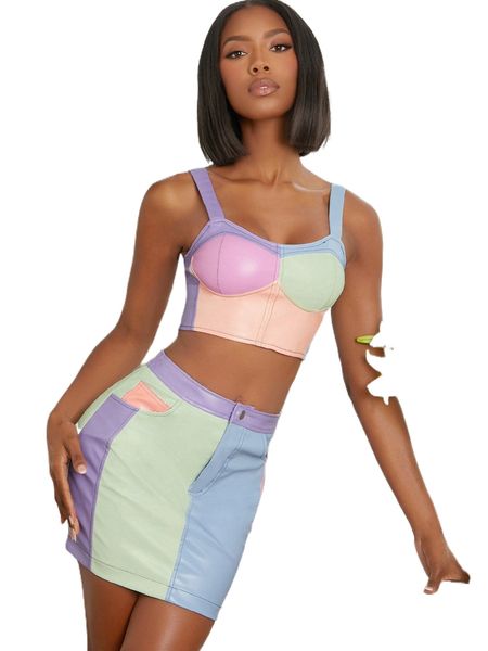 

colorblock pu leather crop cami and skirt set i99r#, White