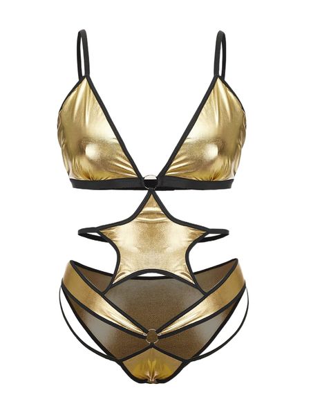 

plus metallic contrast binding cut out teddy bodysuit s6p7#, Black;white