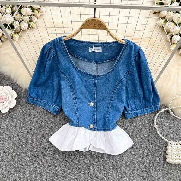 

women's t-shirt korean style square collar exposed collarbone denim shirt women's summer dress design sense of minority closed wai, White