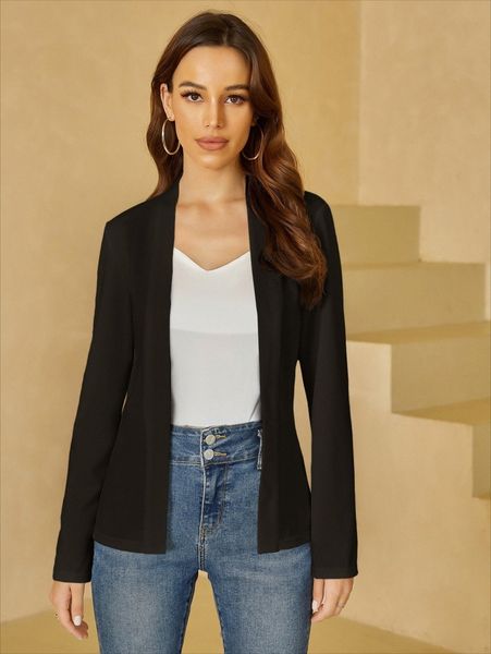 

unique21 solid open front blazer 58ly#, White