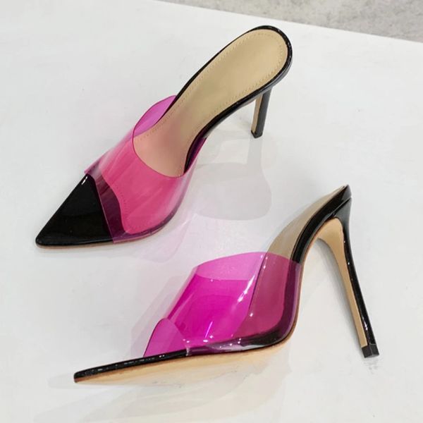 Сексуальная ПВХ прозрачная пленка заостренный носок на высоком каблуке тапочки сандалии натуральные кожаные женщины Muller обувь Летняя вечеринка обувь ночной клуб обувь