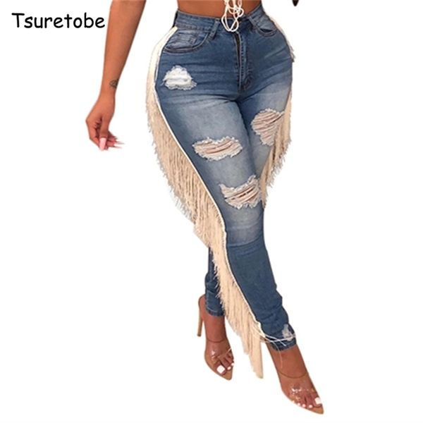 

tsuretobe plus size skinny hole ripped jeans women fashion high waist denim pencil pants ladies side tassel jeans mujer trousers t200608, Blue
