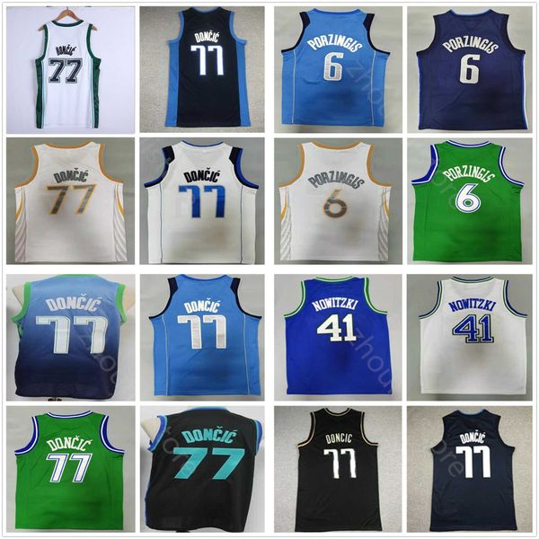 

2021/22 mens luka vintage 77 doncic basketball jerseys dirk 41 nowitzki edition kristaps 6 porzingis retro blue 75th city jersey embroidery, Black;red
