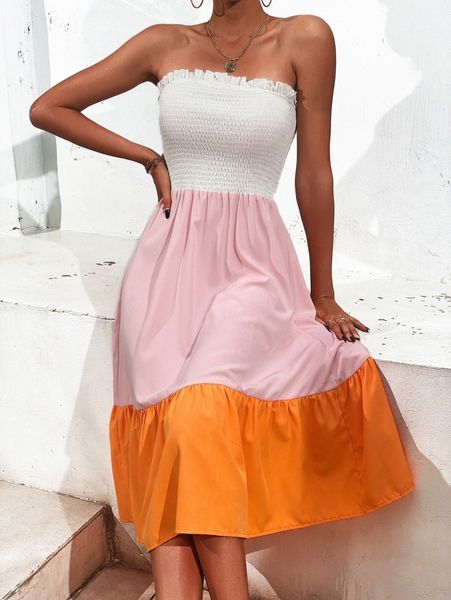 

colorblock shirred ruffle hem tube dress a7nu#, Black;gray