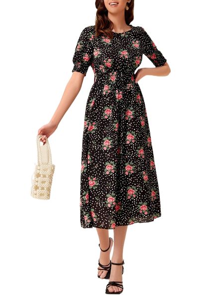 

dalmatian & floral print shirred puff sleeve dress k9pt#, Black;gray