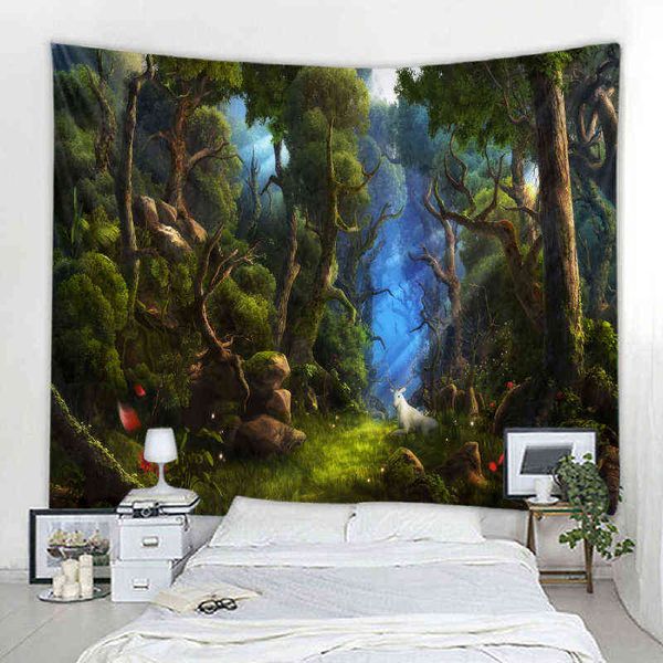 3D Fantasy Forest Landscape Decorative Carpet Mandala Boho Hippie Wall Rugs Home Decor GobleStry J220804