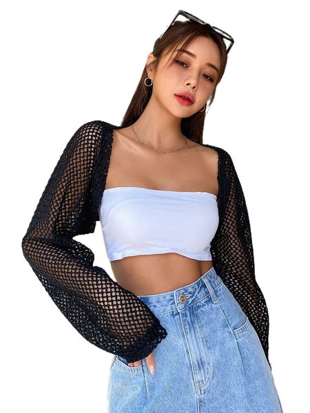

dazy solid sheer lantern sleeve crop q70b#, White