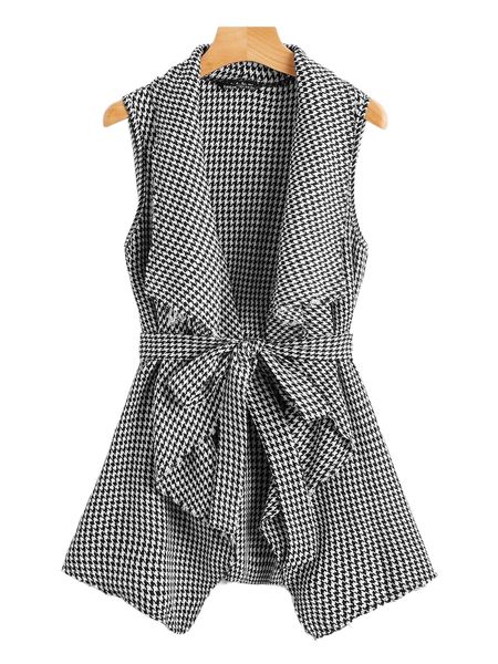 

drape collar self belted houndstooth vest i649#, Black