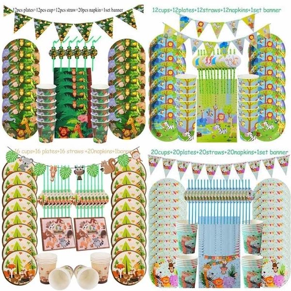 Jungle Birthday Party Decoration Disposable Tableware Conjunto Jungle Animal Forest Friends Zoo Theme Supplies Baby Shower Safari 201006