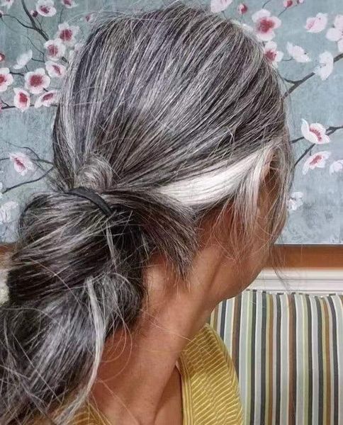 

lovely salt&pepper human hair pony tail draw string wraps around grey gray silver seamless clip in women hair extension hairs piece naturall, Black