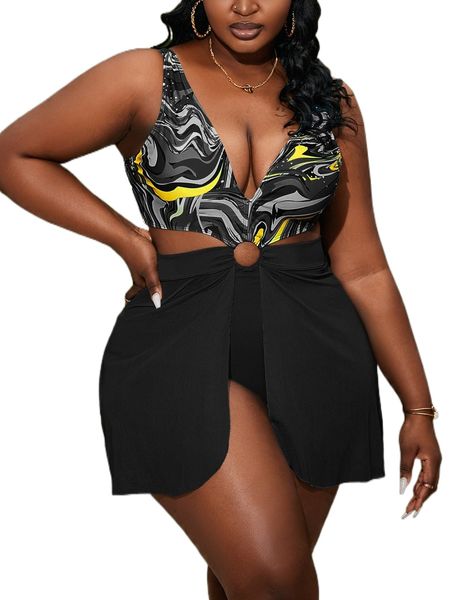 

plus fluid pattern ring linked one piece swimsuit 73mn#, White;black