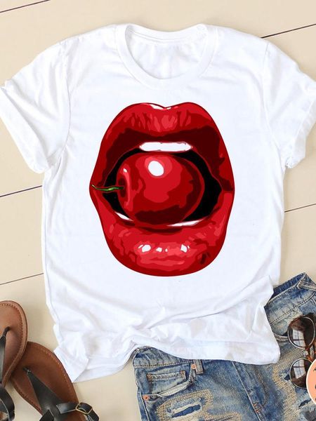 

clothing summer short sleeve t shirts watercolor lip ladies casual women fashion graphic tee t-shirts female shirt clothes, White