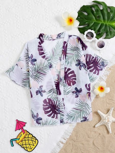 

toddler girls tropical print kimono she, White;black
