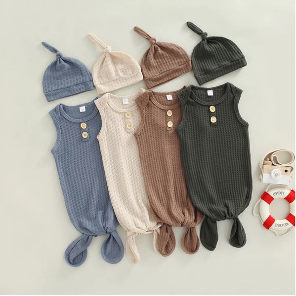 Sommer Baby Schlafsäcke Mütze Sets Neugeborenen Ärmel Solide Weiche Baumwolle Geknotet Swaddle Wrap Kleid Mit Hut 2PCS Outfits set M4085