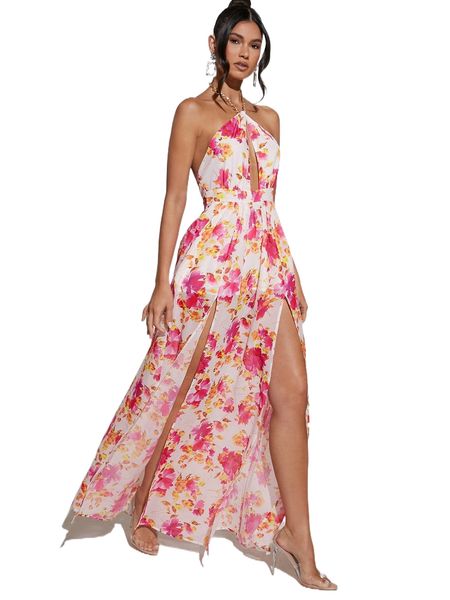 

random floral print halter neck backless slit thigh chiffon dress u4yw#, Black;gray