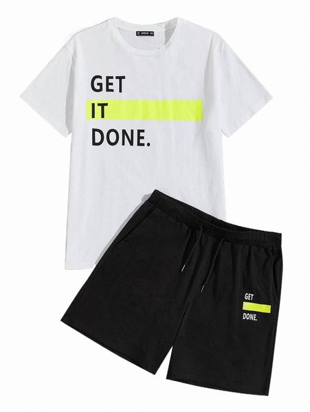 

men slogan graphic neon panel tee and track shorts set m5cu#, Gray