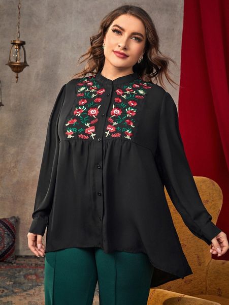 

plus floral embroidery button front high low hem blouse o4nx#, Black