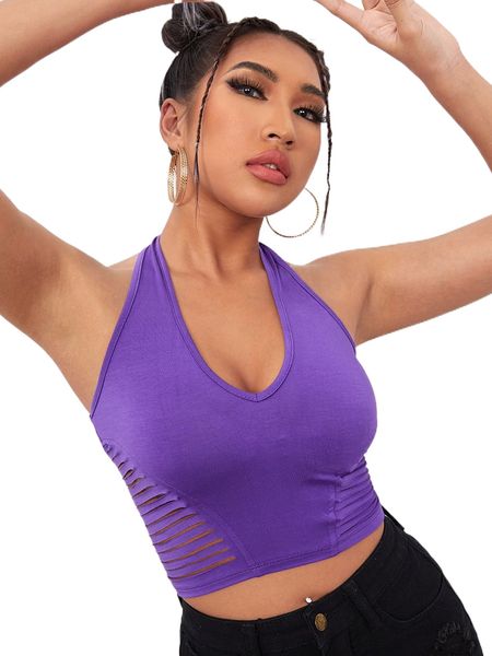 

tie backless ripped crop halter v2q4#, White