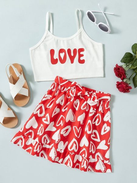 

girls heart & letter graphic crop cami & ruffle hem belted skirt she, White