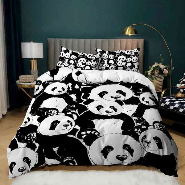 Schwarz-weiße Bettdecke mit Panda-Dekor, bedrucktes Bettwäsche-Set für Kinder, Jungen und Mädchen, Cartoon-weiche Mikrofaser, leicht, Queen-Size-Größe