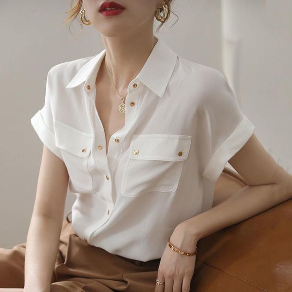 Женские блузкие рубашки белые шифоновые женщины Лето-дизайн 2022 Сплошной поворотный воротник карман элегантный женский переход